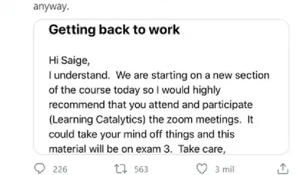 Saige Kratenstein pidió ampliar plazo de entregas de trabajos pero recibió una cruel respuesta. Foto: Twitter
