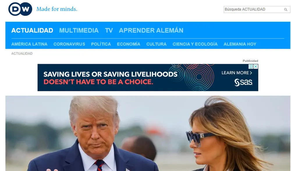 Así informó DW el positivo al Covid-19 de Donald y Melania Trump. Foto: Captura web DW.