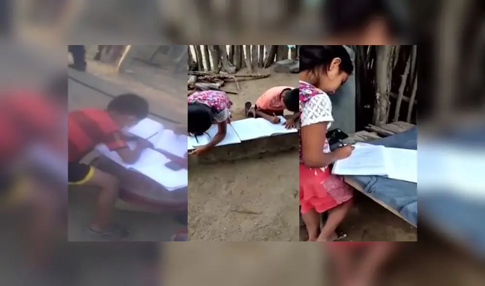 Alumnos deben improvisar escritorios para poder hacer sus tareas. (Foto: Composición con capturas de video / América Noticias)