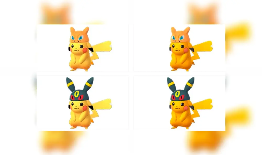 Pikachu normal y en su variante shiny usando los gorros de Charizard y Umbreon.