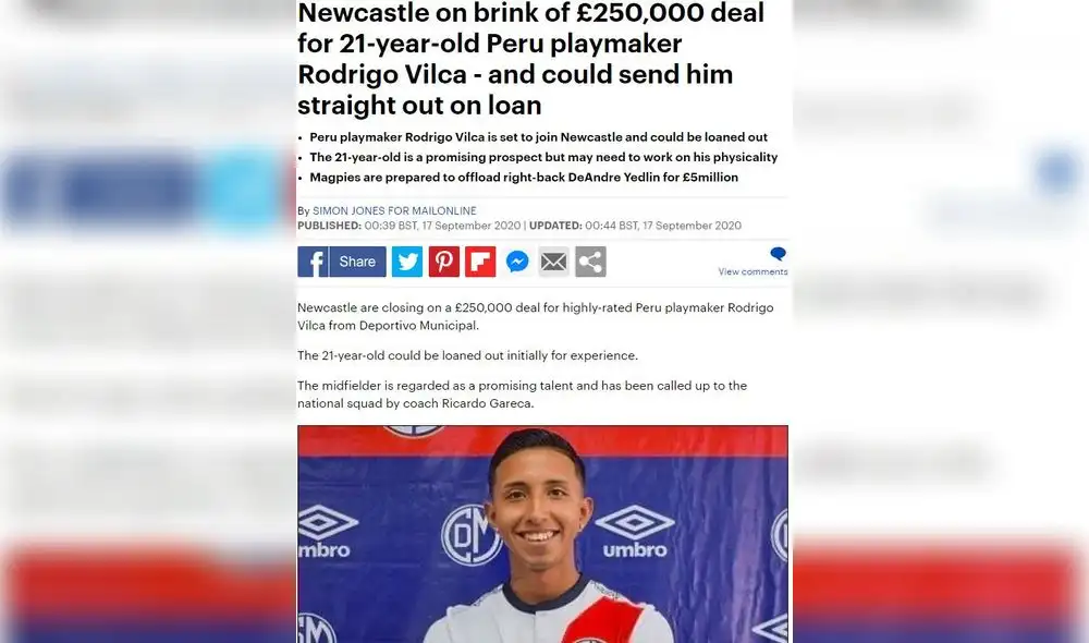 Daily Mail informó que Rodrigo Vilca podría fichar por el Newcastle. Foto: Captura