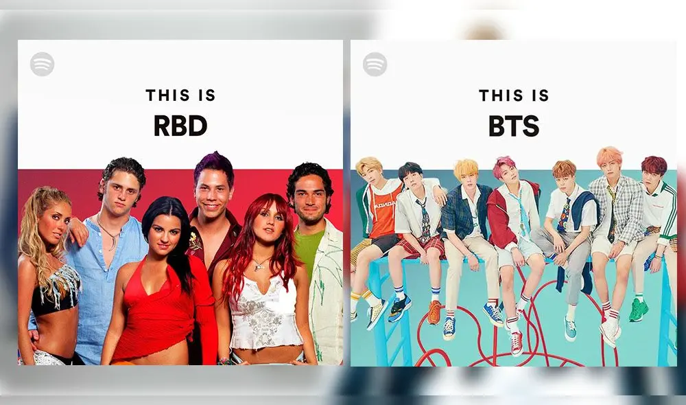 Playlist de RBD en Spotify vs Playlist de BTS. Foto: composición