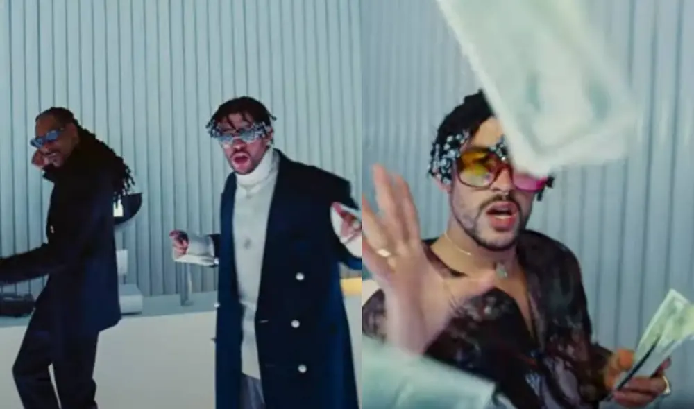 Bad Bunny y Snoop Dogg bailando en el videoclip de "Hoy cobré". Foto: composición captura Youtube