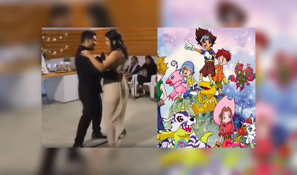 Video es viral en YouTube. La pareja de recién casados sorprendió a todos los invitados a su boda bailando el tema de Digimon. Foto: Captura.