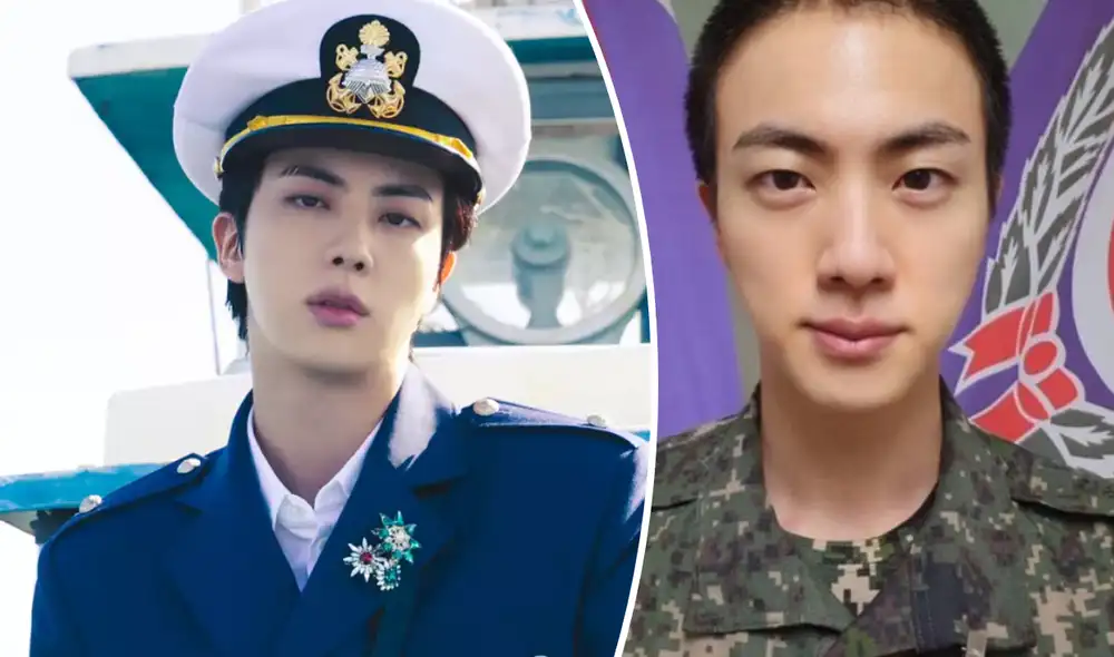 Jin, el integrante de mayor edad en BTS, inició el servicio militar obligatorio en Corea el 13 de diciembre. En la imagen, el ídolo en un promocional de su photobook y en un retrato oficial del Ejército. Foto: composición LR/Hybe
