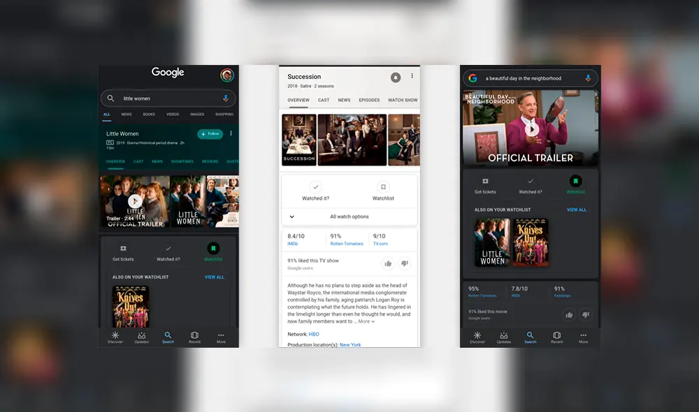 Nuevo panel de resultados de Google para películas y series.