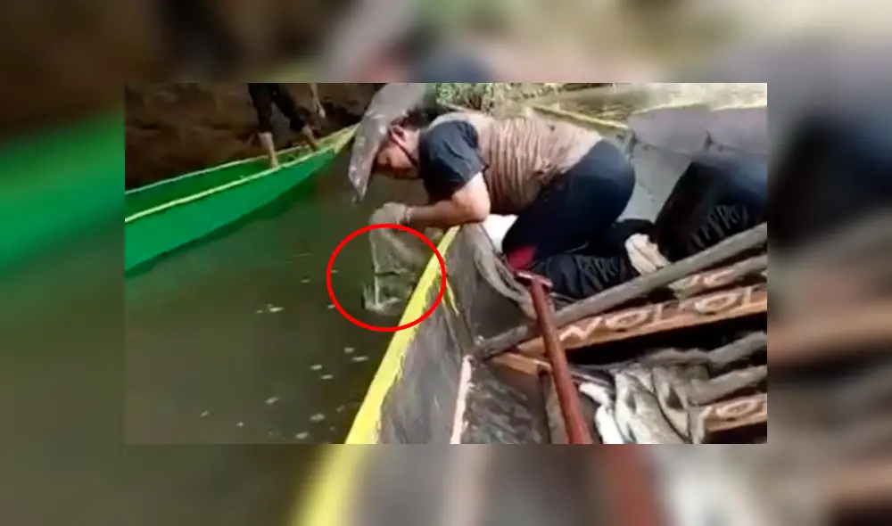 Hombre ingresa a misterioso lago para pescar. Foto: Captura.