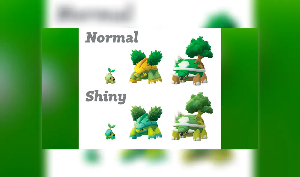 Turtwig, Grotle y Torterra en su variante normal y shiny dentro de Pokémon GO.
