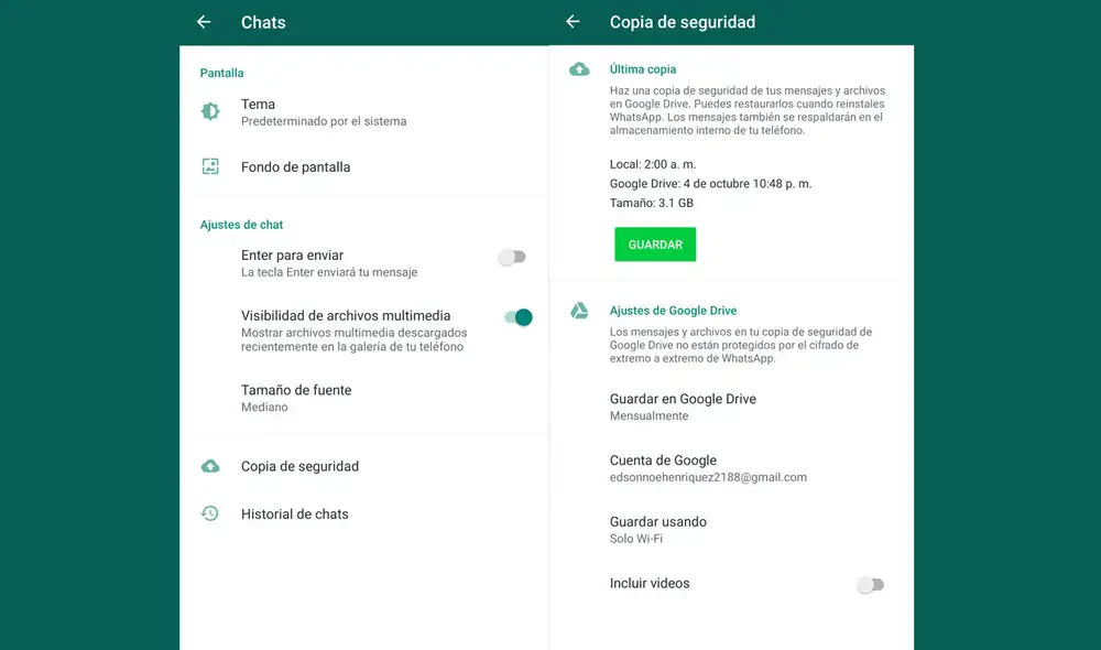 Cómo hacer una copia de seguridad en WhatsApp. Foto: captura LR