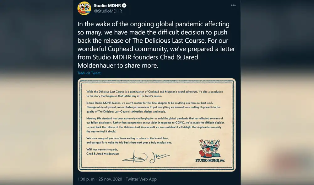 El esperado DLC de Cuphead tenía programada su publicación para el 2020, pero acaba de ser postergado sin una fecha fija. Foto: Twitter
