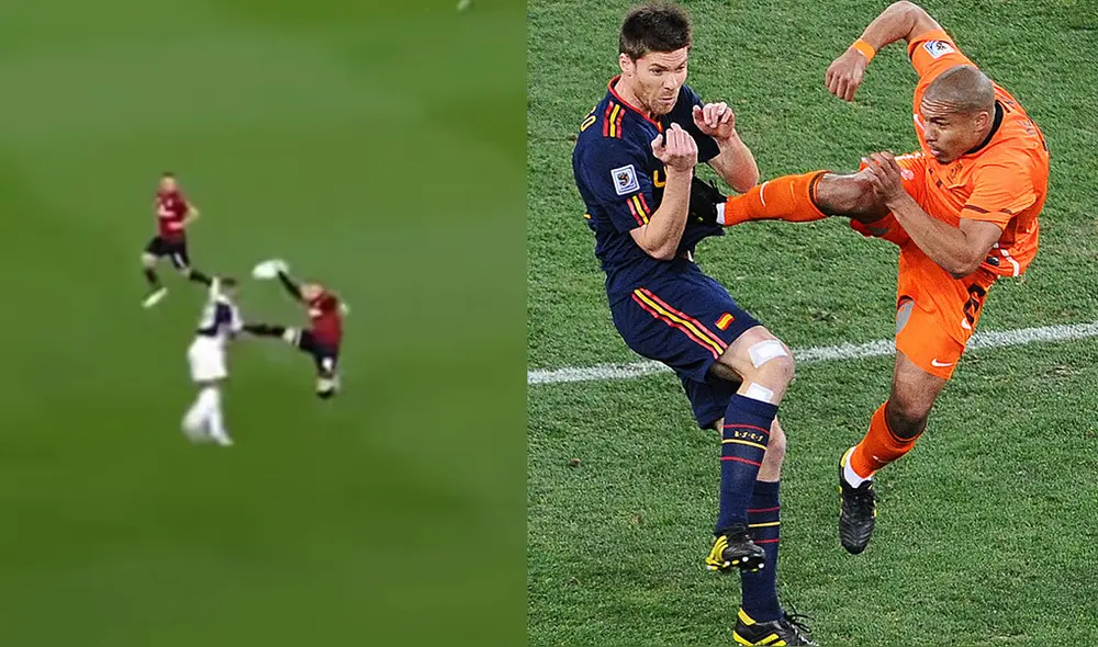 La temeraria acción de Ante Rebic recordó a la falta cometida por Nigel de Jong en Sudáfrica 2010. Composición: Captura de TV Rai/AFP. La temeraria acción de Ante Rebic recordó a la falta cometida por Nigel de Jong en Sudáfrica 2010. Composición: Captura de TV Rai/AFP.