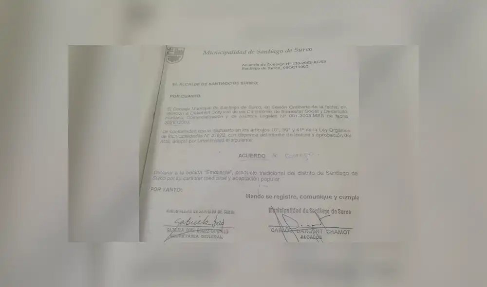 Documento que declara al emoliente producto tradicional del distrito de Surco. Documento que declara al emoliente producto tradicional del distrito de Surco.