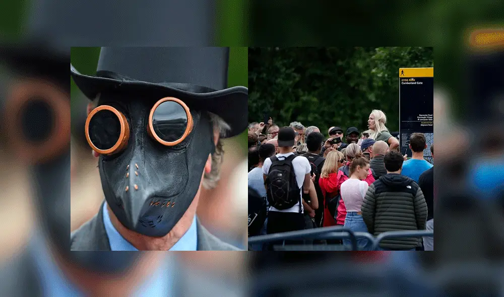 Uno de los presentes llevaba una máscara de los doctores de la Peste Negra. Foto: Composición / PA / AFP. Uno de los presentes llevaba una máscara de los doctores de la Peste Negra. Foto: Composición / PA / AFP.