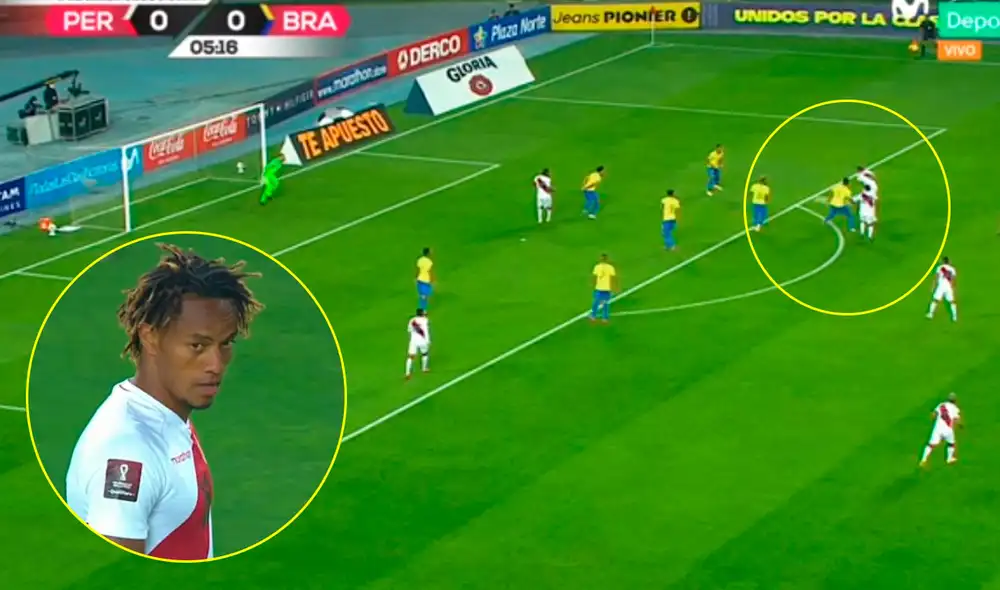 André Carrillo marcó el 1-0 en el Perú vs. Brasil por la fecha 1 de las Eliminatorias Qatar 2022. Foto: Captura de Movistar Deportes