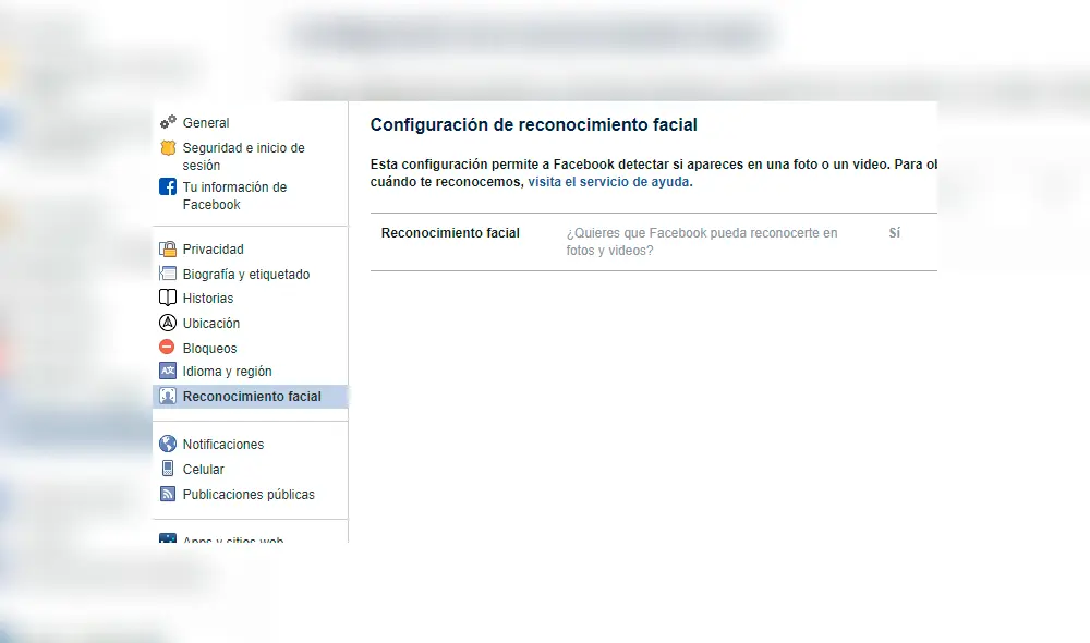 Busca la opción 'Reconocimiento facial' y la activas. Foto: Captura / Facebook.