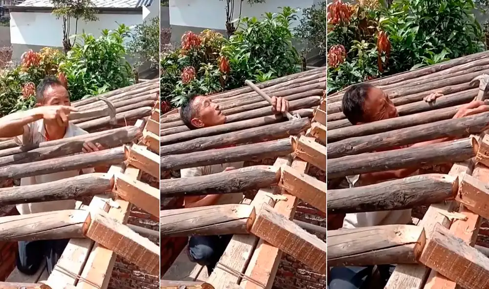 Construía un techo de madera y su cabeza queda atrapada entre los troncos