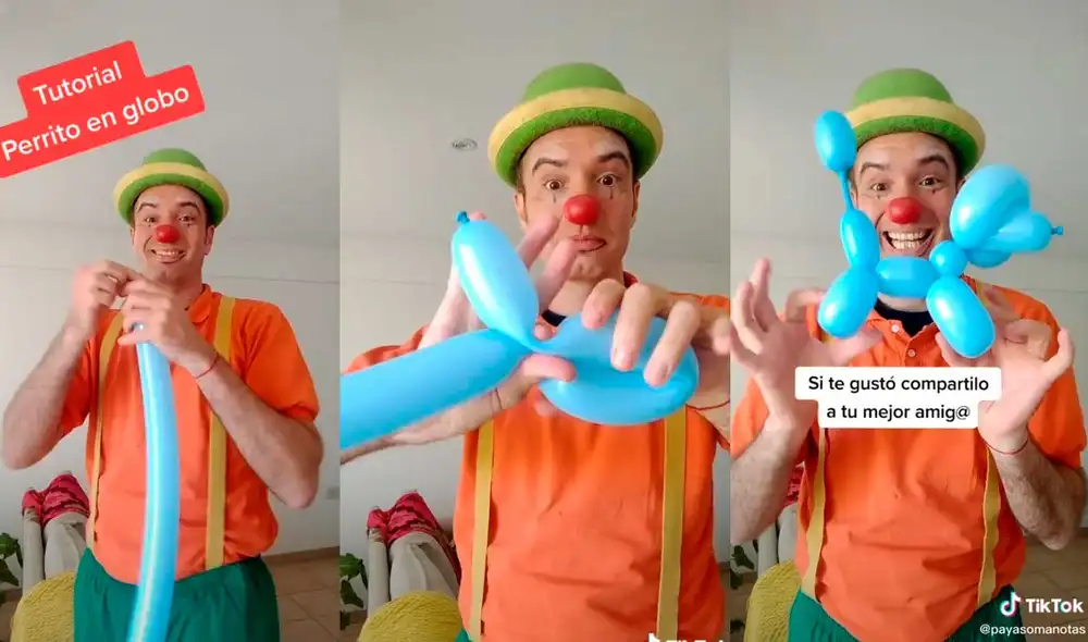 Desliza las imágenes para ver los pasos que debes efectuar para hacer esta ‘perrito’ en globo. Foto: captura de TikTok/payasomanotas