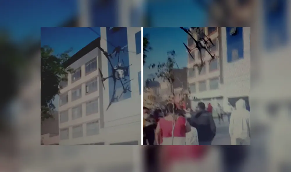 Drone que realizaba labores de desinfección quedó colgado entre cables aéreos. Foto: Captura/Canal N
