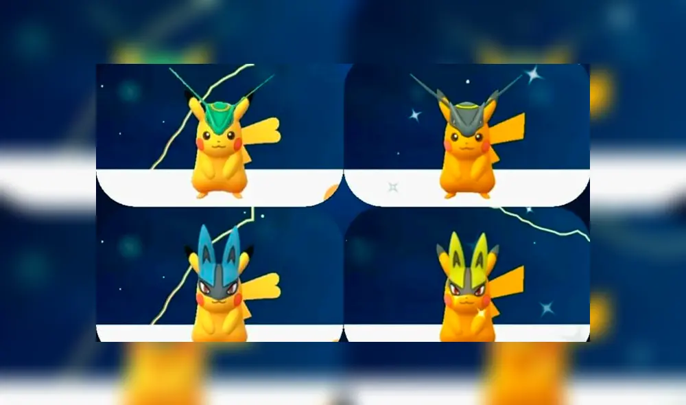 Pikachu con gorro de Rayquaza y Lucario.
