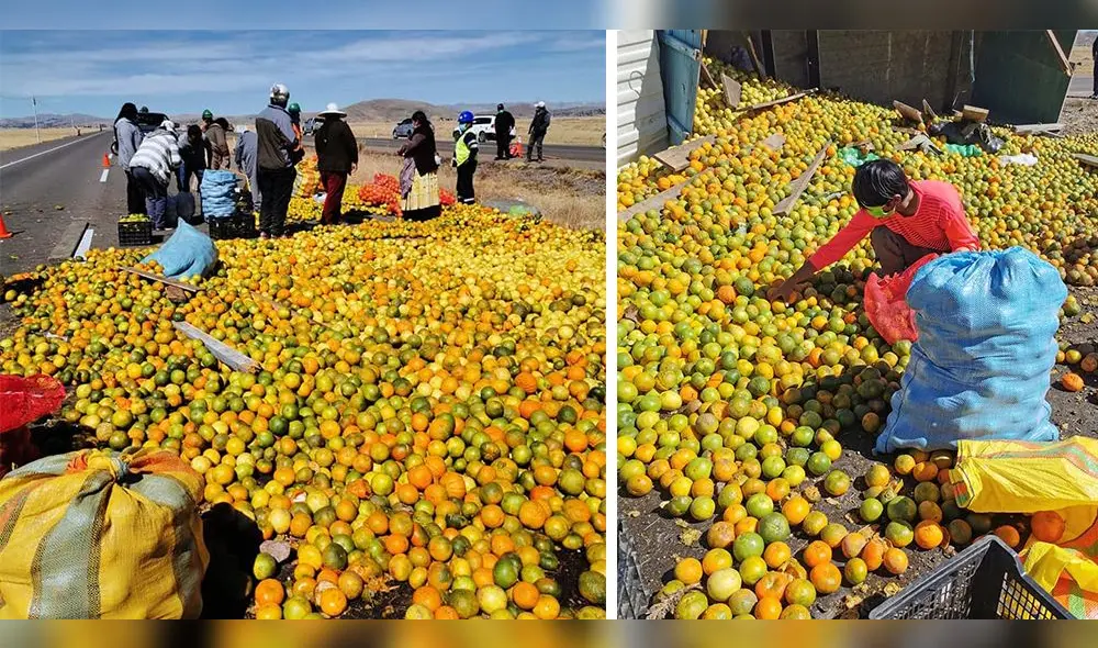 Fruta quedó regada en la pista, tras volcarse camión. Dueño decidió venderla en el lugar. Fruta quedó regada en la pista, tras volcarse camión. Dueño decidió venderla en el lugar.