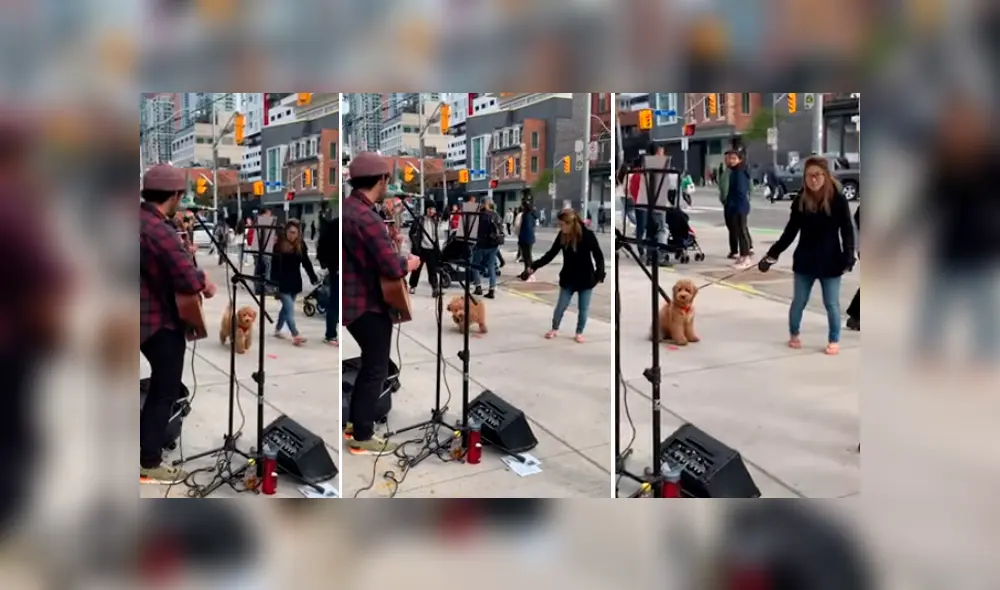 Vía YouTube. El cachorro detuvo el paseo con su dueña en plena avenida y su adorable conducta ante show de artista callejero conmovió a todos