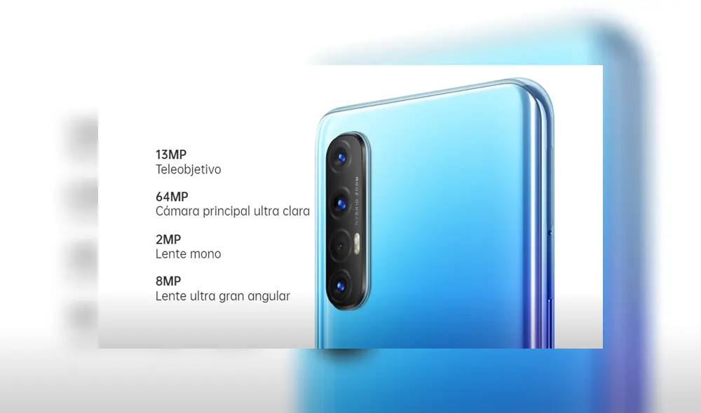 El nuevo Reno3 Pro llega equipado con cuatro cámaras traseras de 64 MP + 13 MP + 2 MP + 8 MP. | Foto: Oppo