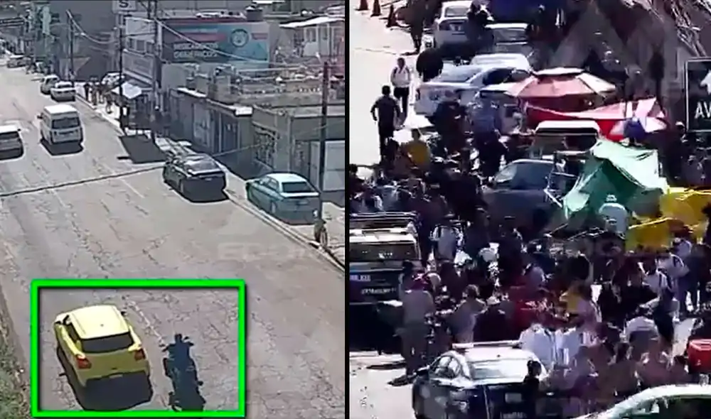 Por la velocidad que llevaba el carro amarillo, impacta contra 4 puestos de ambulantes, dejando como saldo 3 heridos. Foto: composición LR- captura de Twitter Por la velocidad que llevaba el carro amarillo, impacta contra 4 puestos de ambulantes, dejando como saldo 3 heridos. Foto: composición LR- captura de Twitter