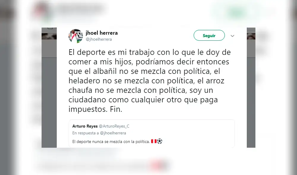 Cibernauta le pide a Jhoel Herrera que no hable de política y futbolista le da contundente respuesta