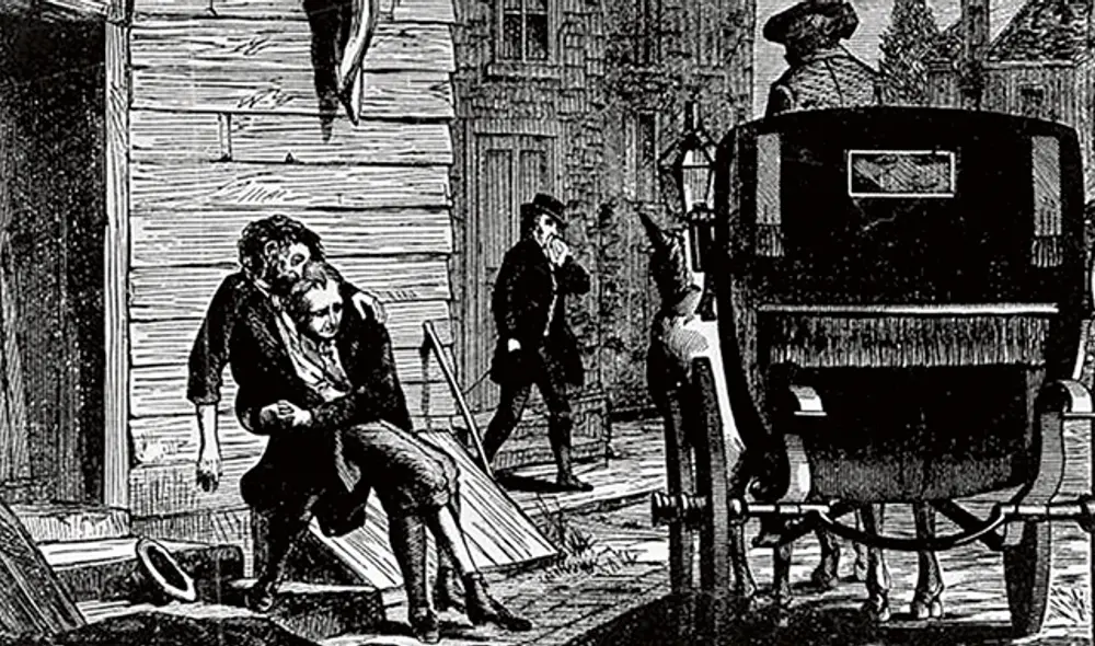 Epidemias. Un vecino contagiado es trasladado fuera de casa en una ciudad europea.