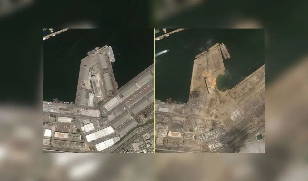 Imágenes del antes y después de la explosión en Beirut, a la izquierda y derecha respectivamente. Crédito: PerúSAT-1/CONIDA.