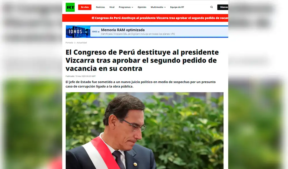 RT informó sobre la destitución que ocurre por "incapacidad moral". Foto: captura web RT informó sobre la destitución que ocurre por "incapacidad moral". Foto: captura web