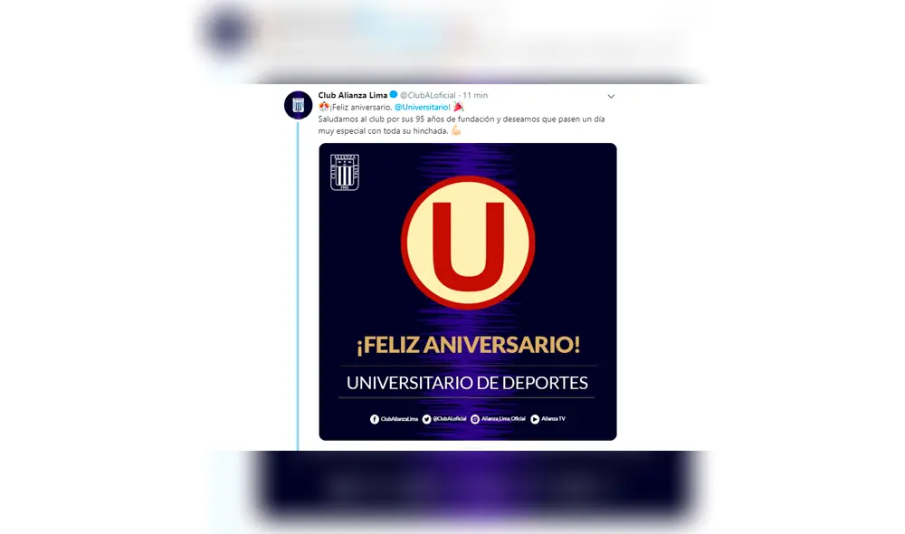 Alianza Lima felicitó a Universitario de Deportes por su aniversario número 95. Alianza Lima felicitó a Universitario de Deportes por su aniversario número 95.