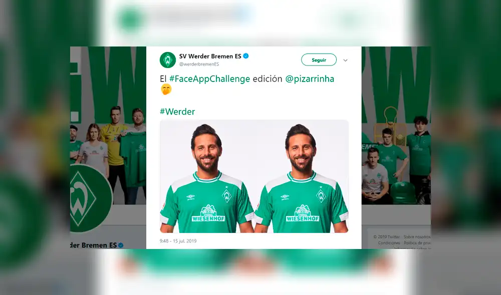Werder Bremen publicó en Twitter una supuesta fotografía de Claudio Pizarro con el filtro FaceApp. Werder Bremen publicó en Twitter una supuesta fotografía de Claudio Pizarro con el filtro FaceApp.