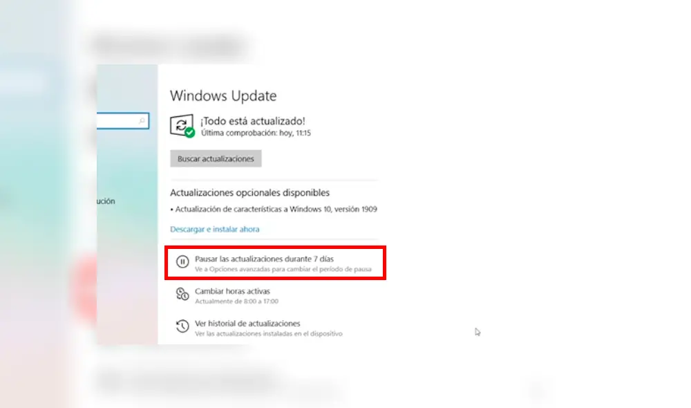 Utiliza la opción de Pausar actualizaciones por 7 días. Imagen: ComputerHoy.