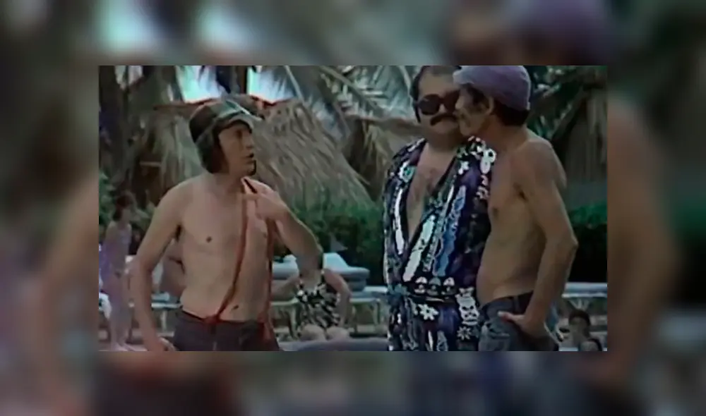 El chavo, Don Ramón y el Señor Barriga conversan en la piscina. (Foto: captura Youtube)