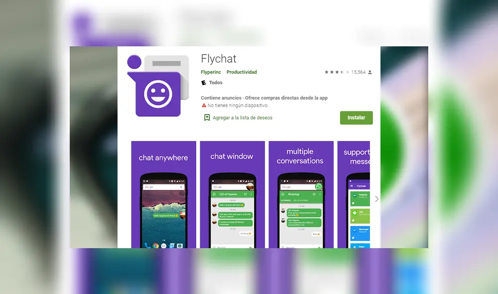 Flychat es la app que te permitirá ocultar el 'en línea' y escribiendo a tus amigos de WhatsApp. Foto: Captura.