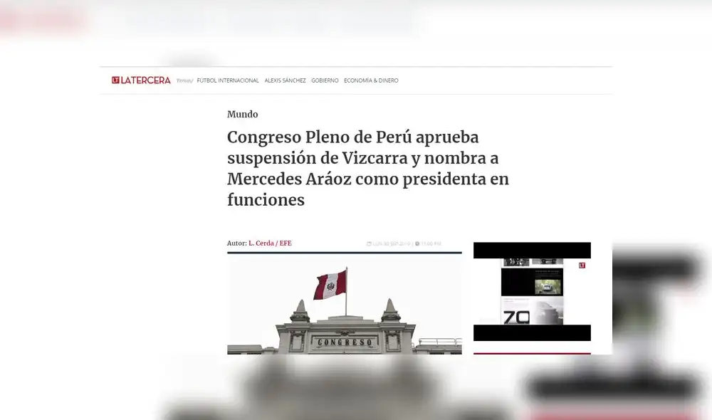Así informan los medios internacionales sobre la vacancia a Martín Vizcarra y ascenso de Mercedes Aráoz a la presidencia interina del Perú. Foto: Captura Así informan los medios internacionales sobre la vacancia a Martín Vizcarra y ascenso de Mercedes Aráoz a la presidencia interina del Perú. Foto: Captura