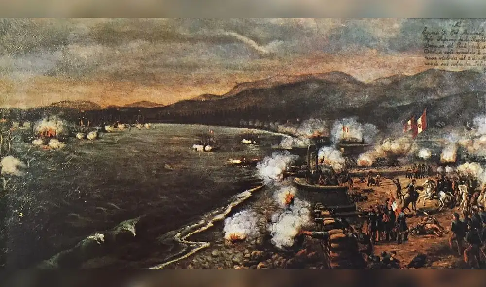 Combate del Callao. Defensa del Perú con artillería pesada ante la llegada de la escuadra española. Posible vista, en primer plano, del "cañón del pueblo". Combate del Callao. Defensa del Perú con artillería pesada ante la llegada de la escuadra española. Posible vista, en primer plano, del "cañón del pueblo".