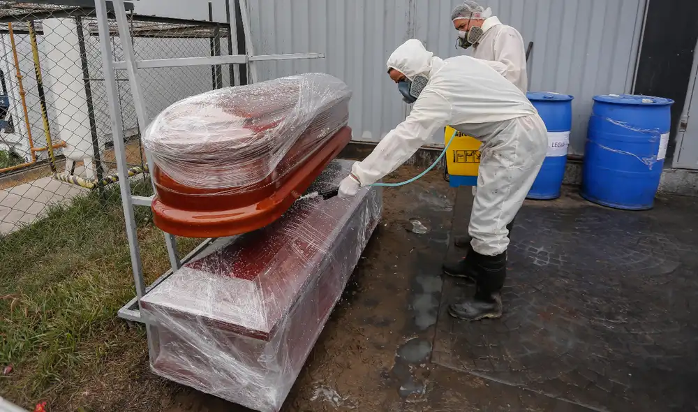 Trabajadores de funeraria realizan sus labores para el entierro de fallecidos por COVID-19 en el cementerio Santa Rosa de Chorrillos. Foto: Antonio Melgarejo / La República Trabajadores de funeraria realizan sus labores para el entierro de fallecidos por COVID-19 en el cementerio Santa Rosa de Chorrillos. Foto: Antonio Melgarejo / La República