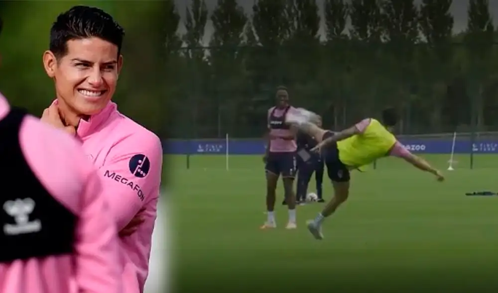 James Rodríguez anotó de 'tijera' en su primer entrenamiento con el Everton. (FOTO: Captura Everton/Composición La República).