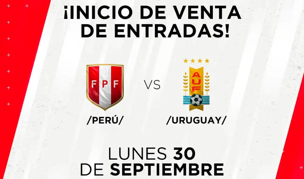 Las entradas para el partido Perú vs. Uruguay estarán disponibles desde el mediodía del 30 de setiembre vía Joinnus. Las entradas para el partido Perú vs. Uruguay estarán disponibles desde el mediodía del 30 de setiembre vía Joinnus.