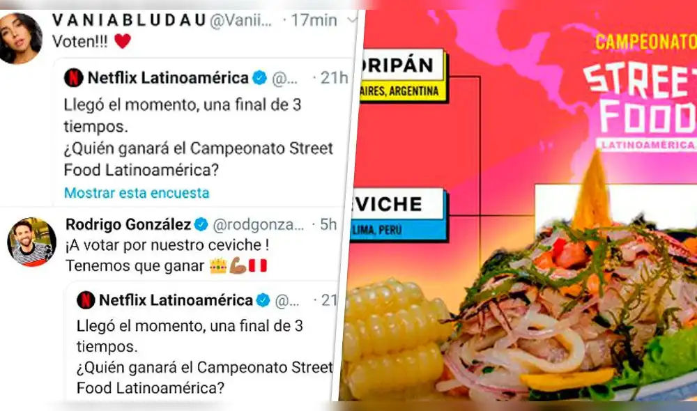A través de sus redes sociales, figuras públicas de nuestro país pidieron a sus seguidores votar por e ceviche en el concurso de Netflix. Foto: composición A través de sus redes sociales, figuras públicas de nuestro país pidieron a sus seguidores votar por e ceviche en el concurso de Netflix. Foto: composición