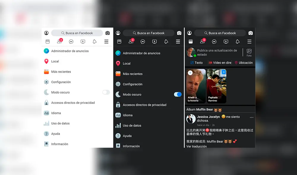 Ajustes del modo oscuro de Facebook en español.