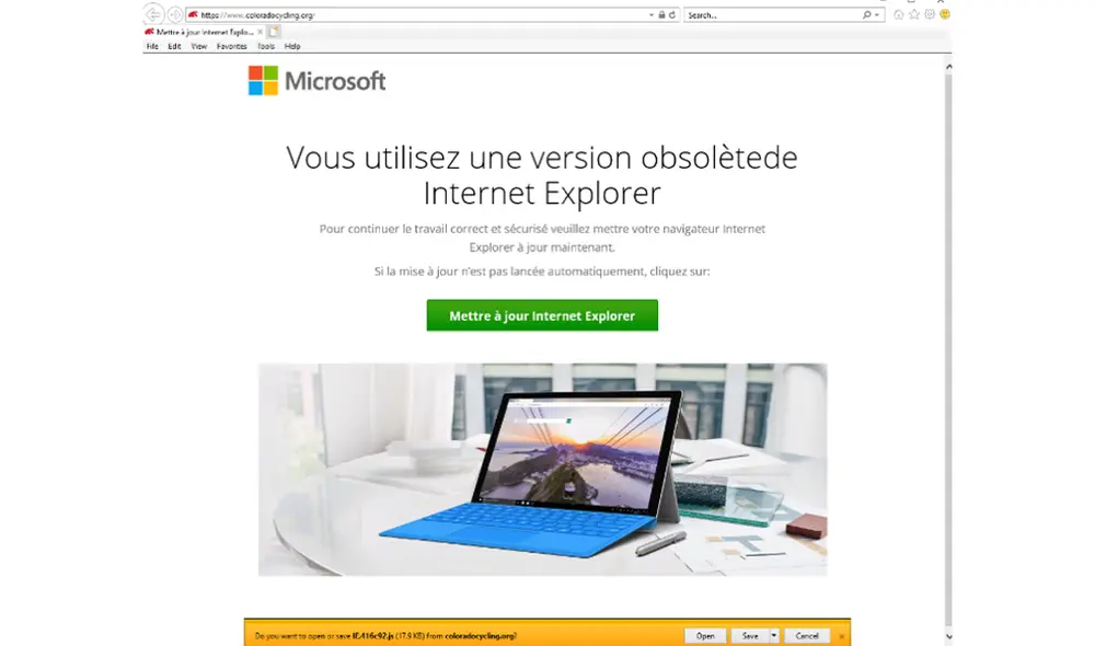 La estafa también incluye páginas falsas de descarga de Internet Explorer. | Fuente: Proofpoint.