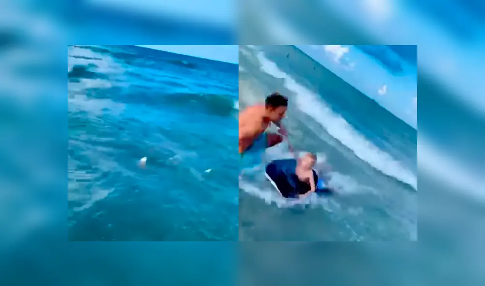 El agente que se encontraba fuera de servicio se lanzó al mar para salvar al menor del acecho de un tiburón en una playa de Florida. Foto: Captura/Policía de Cocoa Beach