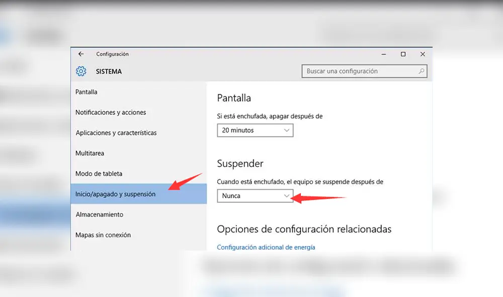 Configura la suspensión en Nunca para no preocuparte. Imagen: PC Ayuda.