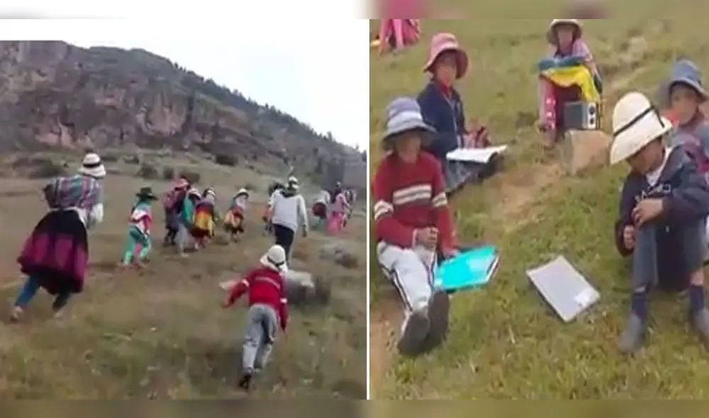 Luego de largas caminatas, los niños se reúnen alrededor de las radios.