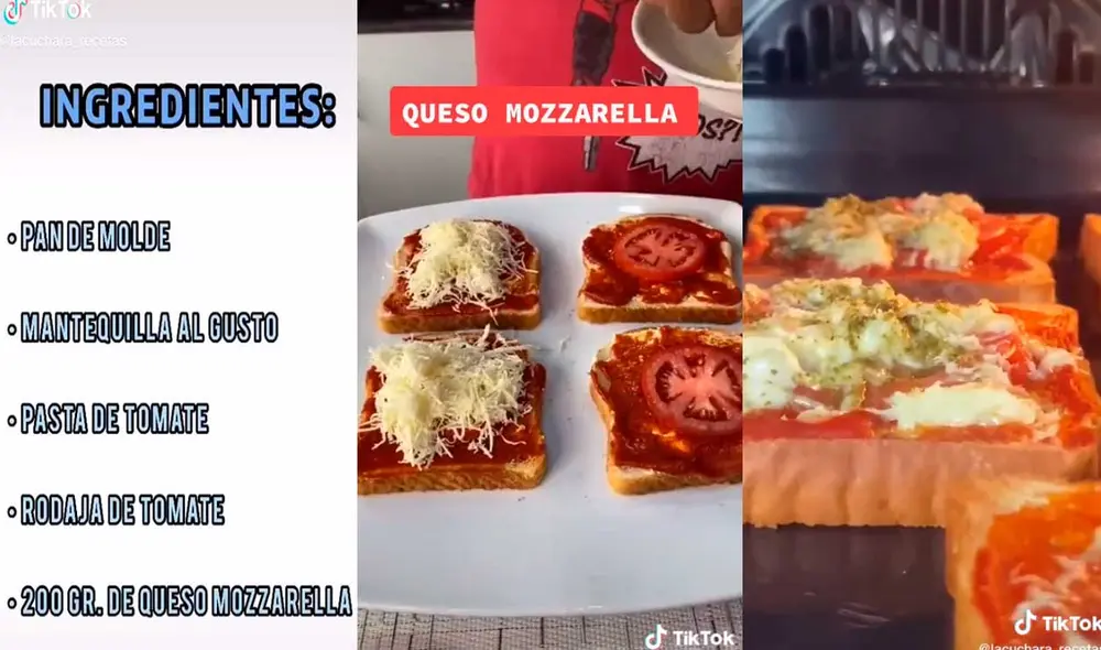 Desliza las imágenes para saber cómo preparar esta exquisita pizza casera elaborada a base de pan de molde. Foto: captura de TikTok/@lacuchara_recetas