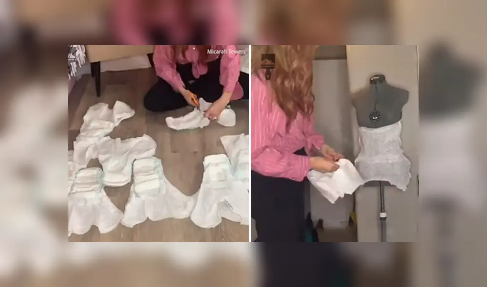 Desliza hacia la izquierda para ver el vestido de novias hecho con pañales del video viral de YouTube. Desliza hacia la izquierda para ver el vestido de novias hecho con pañales del video viral de YouTube.