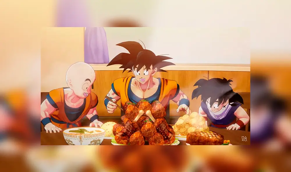 Krillin, Goku y Gohan en el mini juego de comer dentro de Dragon Ball Z Kakarot.